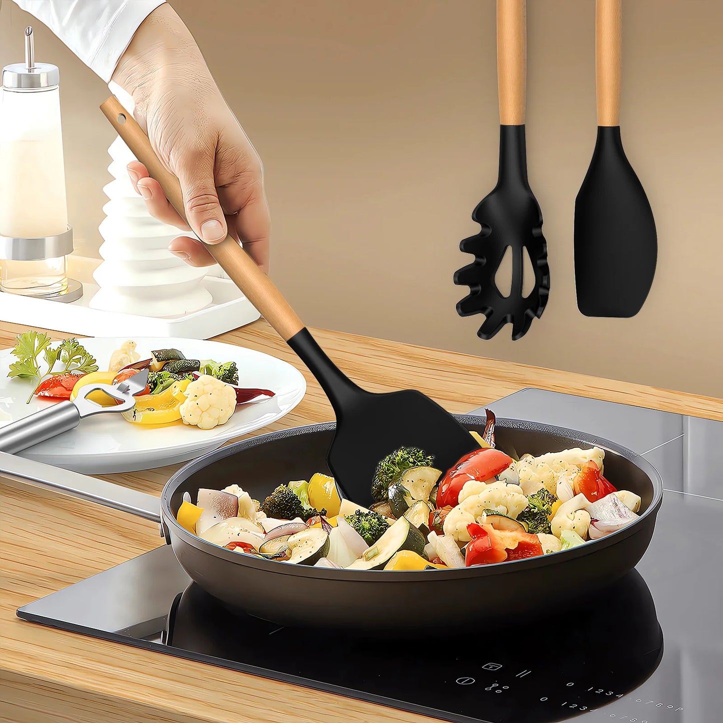 Silicone Cooking Utensils Set – Heat-Resistant with Wooden Handles & Holder (Black)