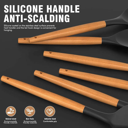 Silicone Cooking Utensils Set – Heat-Resistant with Wooden Handles & Holder (Black)