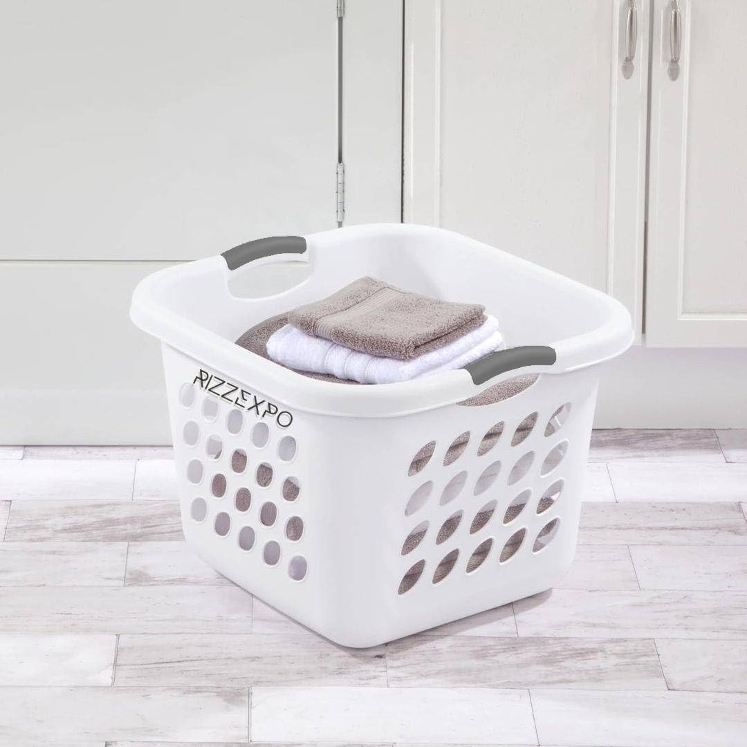 2-Pack White Square Laundry Baskets – 1.5 Bushel Plastic Hampers for Laundry