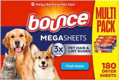Bounce Mega Pet Hair & Lint Guard Dryer Sheets – 3X Pet Hair Fighters, Fresh Scent, 180 Count