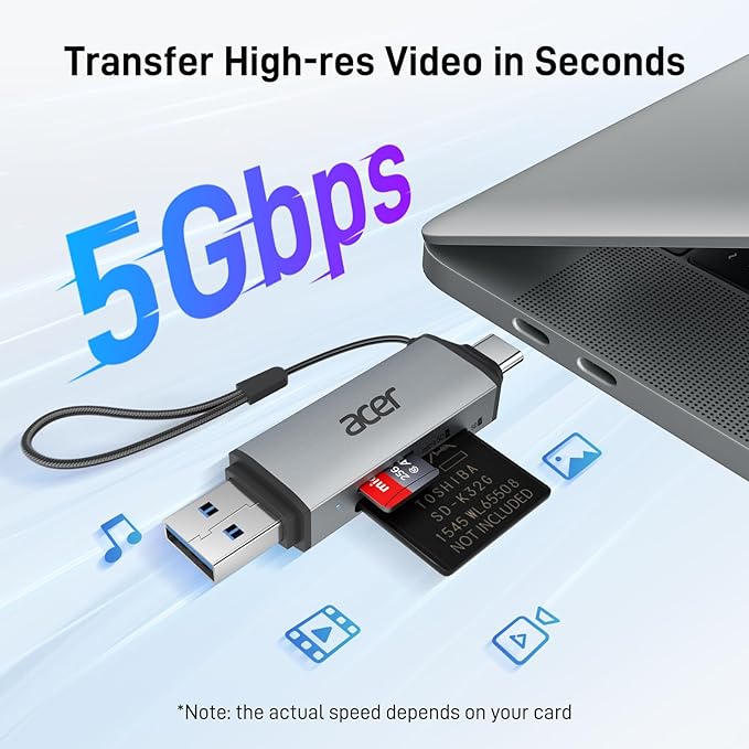 Acer USB-C SD Card Reader – Dual Slot Adapter for MicroSD/SD, Laptop & Phone Compatible