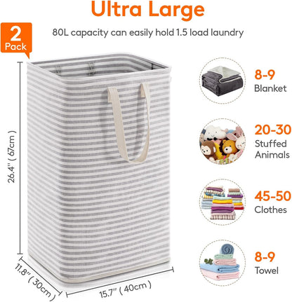 Lifewit 2-Pack Large Collapsible Laundry Hampers – Waterproof with Handles, 80L, Grey