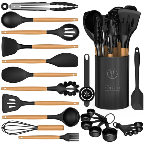 Silicone Cooking Utensils Set – Heat-Resistant with Wooden Handles & Holder (Black)