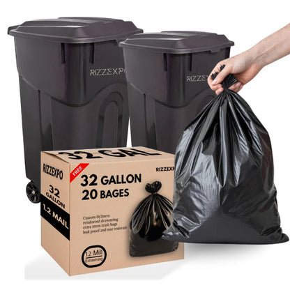 RIZZEXPO 32-Gallon Trash Can with 1.2 Mil Extra-Strong Drawstring Bags (20 Pack)
