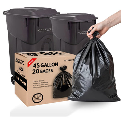 RIZZEXPO 45-Gallon Trash Can and 1.2 Mil Extra Strong Garbage Bags (20 Count)