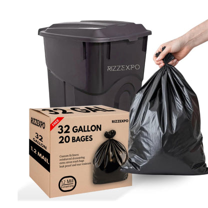 RIZZEXPO 32-Gallon Trash Can with 1.2 Mil Extra-Strong Drawstring Bags (20 Pack)